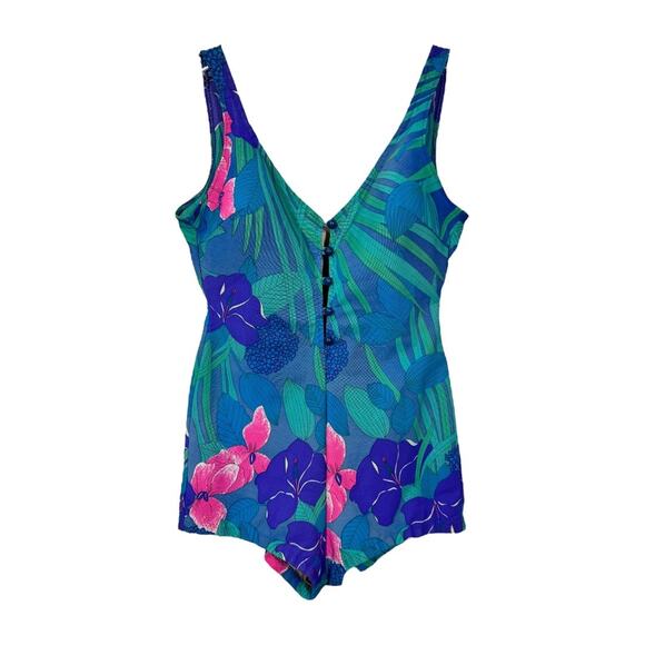 Vintage 1960s Cole Of California Swimsuit 16 One Piece Floral Print Blue Romper - Picture 1 of 7